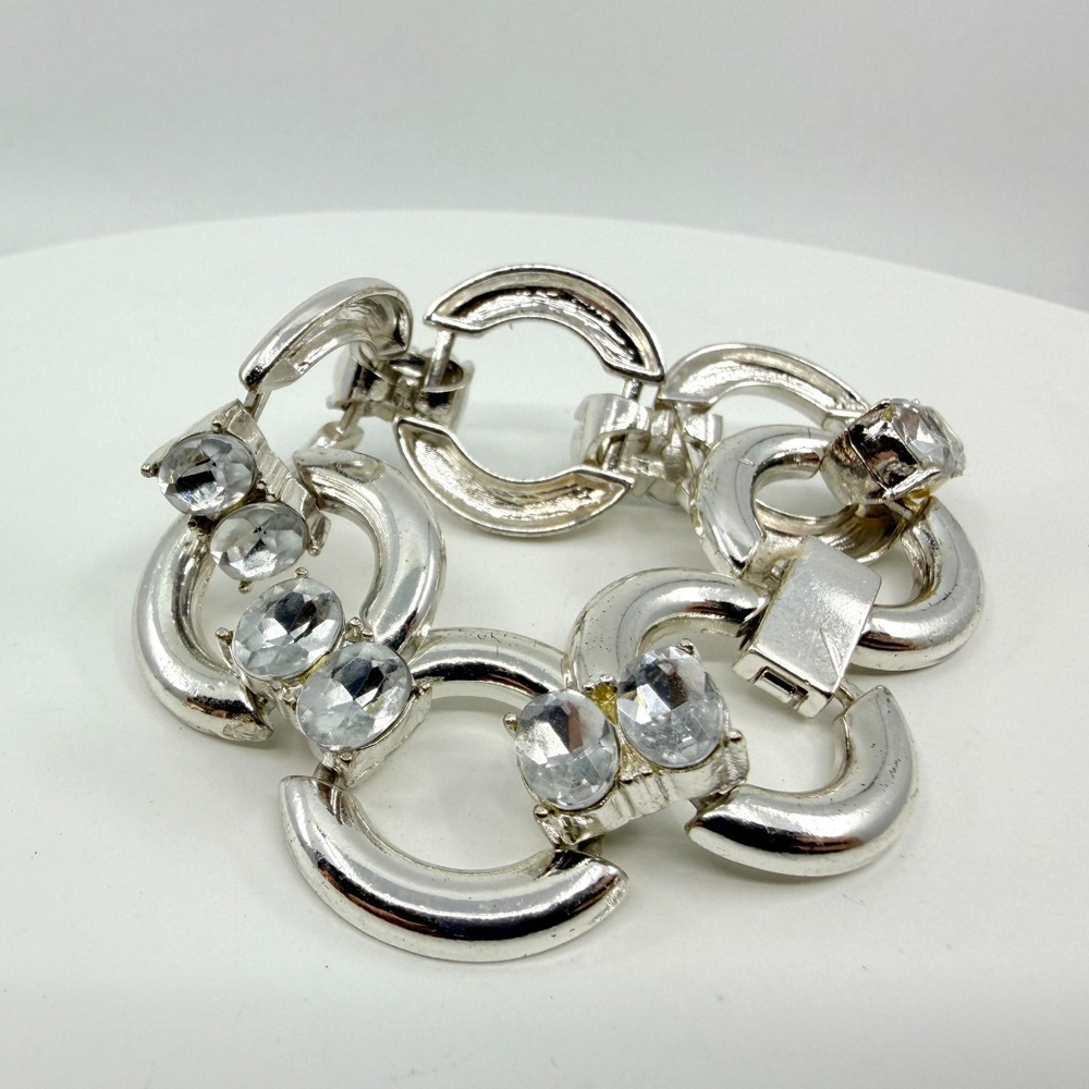 Vintage Silver Tone Chunky Geometric Link Bracelet with Clear Crystal